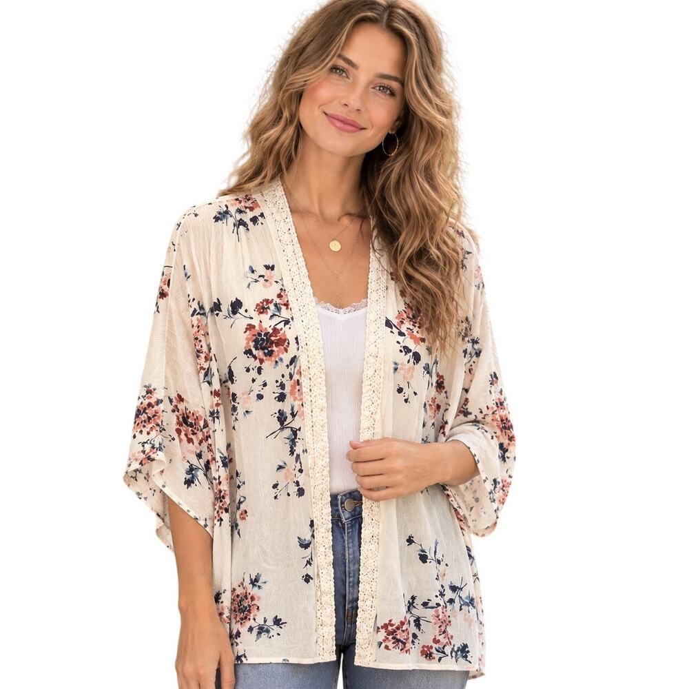Maurices Floral Open Kimono Womens One Size Crochet Trim Topper Coverup Cardigan